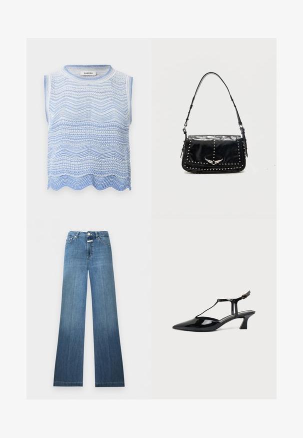Haut sans manches en maille blanche et bleu clair avec des motifs ondulés horizontaux et un ourlet festonné, étiquette "Sandro" à l'intérieur du col.; Jean en denim bleu à taille haute, fermeture à boutons, poches avant et arrière, et légère évasement en bas.; Chaussure slingback en cuir verni noir à bout pointu avec bride en T et petit talon bloc incliné sur fond blanc.; Sac à épaule en cuir noir avec des clous argentés et un emblème métallique ailé sur le rabat avant sur fond uni.