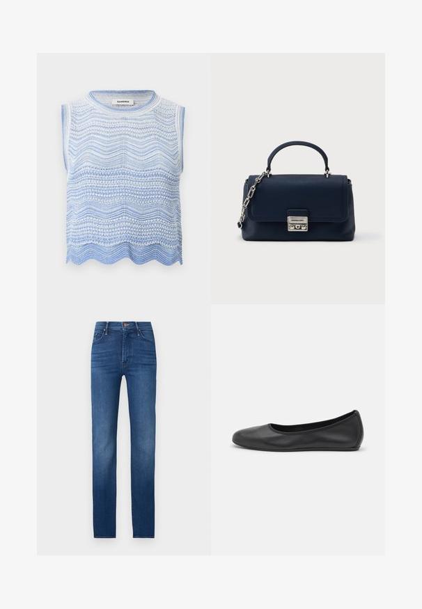 Haut sans manches en maille blanche et bleu clair avec des motifs ondulés horizontaux et un ourlet festonné, étiquette "Sandro" à l'intérieur du col.; Jean skinny bleu foncé avec cinq poches et fermeture par bouton, présenté sur un fond clair uni.; Ballerines en cuir noir avec un bout rond, texture lisse, détails de couture minimalistes et design de semelle flexible.; Sac à main en cuir texturé bleu marine avec une poignée supérieure, une bandoulière en chaîne argentée, et une fermeture rectangulaire argentée sur un fond blanc uni.