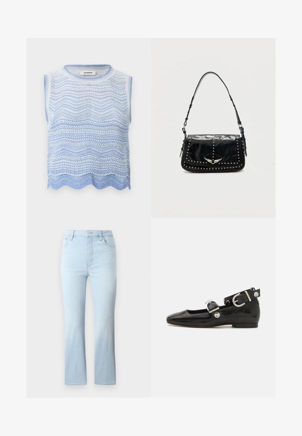 Haut sans manches en maille blanche et bleu clair avec des motifs ondulés horizontaux et un ourlet festonné, étiquette "Sandro" à l'intérieur du col.; FRAME THE REBOOT CROP - Jean bootcut - light blue; Ballerine en cuir verni noir avec un bout carré, sangle de cheville avec des détails en métal argenté et semelle plate. Texture lisse avec un design minimaliste.; Sac à épaule en cuir noir avec des clous argentés et un emblème métallique ailé sur le rabat avant sur fond uni.