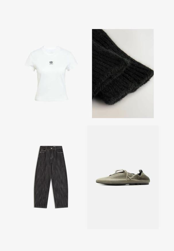 Valkoinen puuvillateepaita lyhyillä hihoilla ja pyöreällä kaula-aukolla. Rintamalla musta Adidas-logo. Yksinkertainen, minimalistinen muotoilu.; Mustat farkut leveällä lahkeella, viiden taskun malli, näkyvät valkoiset saumat ja napillinen vyötärön sulku.; Vaalean oliivinvihreä pehme kangaskenkä ohuella pohjalla ja nauhoilla, esitetty sivuprofiilissa yksinkertaisella valkoisella taustalla.; Mustassa neulotussa villapaidassa on ribbikuvio. Kangas näyttää pehmeältä ja karhean tuntuiselta, ja lähikuvassa hihat korostavat yksityiskohtia.
