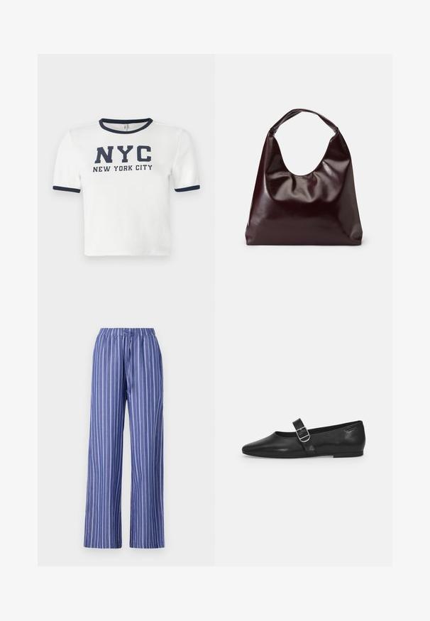 Λευκό κοντομάνικο T-shirt με ναυτικό μπλε λεπτομέρειες στον γιακά και τα μανίκια. Περιέχει έντονα εκτυπωμένο κείμενο: "NYC ΝΕΑ ΥΟΡΚΗ".; Μπλε και λευκές ριγέ παντελόνες με φαρδιά γραμμή και ελαστική μέση, κατασκευασμένες από ελαφρύ ύφασμα, με άνετη εφαρμογή και λεία υφή.; Μαύρο δερμάτινο φλατ παπούτσι με στρογγυλή μύτη, μία ρυθμιζόμενη αγκράφα και λεία, γυαλιστερή υφή. Μινιμαλιστικός σχεδιασμός με χαμηλό τακούνι.; Μπορντό, γυαλιστερή τσάντα tote από vegan δέρμα με μαλακή, γλυπτική μορφή και ευρεία, καμπυλωτή λαβή για εύκολη μεταφορά.