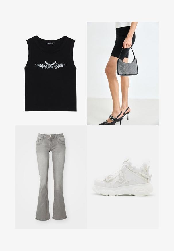 Haut sans manches noir en coton ; présente un design avec un papillon argent métallique et un motif tribal sur la poitrine. Encolure ronde.; Jeans gris évasés avec une taille mi-haute, poches avant et fermeture à bouton, fabriqués en denim avec une texture lisse.; Baskets blanches épaisses avec une semelle épaisse et des accents décoratifs de papillons en 3D sur le côté, les lacets et le talon.; Sac à main à perles noires avec une silhouette courbée, une poignée de transport et une texture brillante. Porté avec des chaussures à talons hauts noires et un short noir ajusté.