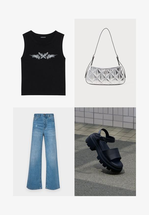 Čierny bezrúrový top vyrobený z bavlny; obsahuje metalický strieborný motýľ a tribal vzor navrhnutý na hrudi. Okrúhly výstrih.; LOIS Jeans SKATER LOOSE - Džínsy voľného strihu - stone; Čierna sandála s hrubou podrážkou, širokými remienkami a prackou na členku na sivom chodníku pri obloženej stene.; Metalická strieborná taška na rameno s prešívaným dizajnom, hladkým povrchom a nastaviteľným čiernym popruhom. Obsahuje malú logovú aplikáciu na prednej strane.