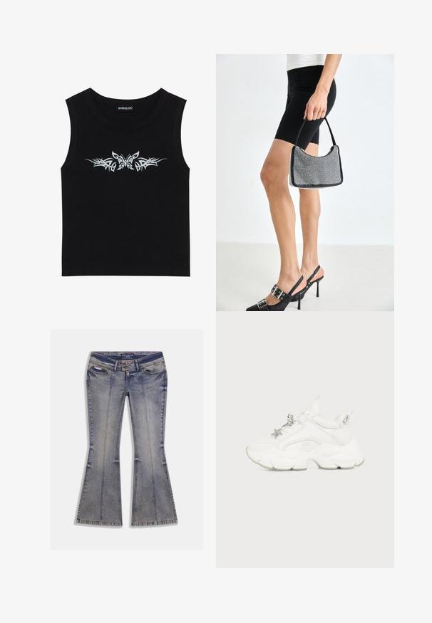 Black sleeveless top made of cotton; features metallic silver butterfly and tribal pattern design across the chest. Round neckline.; Flared denim jeans in light blue with faded patches, front pockets, and contrast stitching. Features a zip fly and branded waistband.; White chunky sneaker with thick textured sole, star and butterfly-shaped silver charms on laces, and silver studs on heel tab.; Black beaded handbag with a curved silhouette, carrying handle, and shiny texture. Worn with high-heeled black shoes and fitted black shorts.