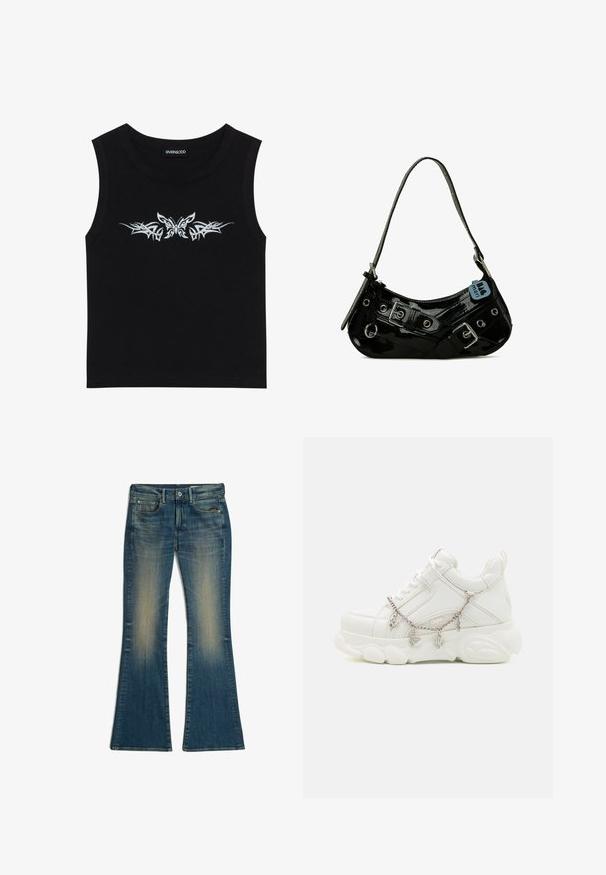 Zwarte mouwloze top van katoen; met een metallic zilveren vlinder en tribale patroonontwerp over de borst. Ronde halslijn.; Blauwe denim flare jeans met vervaagde voorste dijgebieden, vijf zakken, knoop en riemlussen, plat gelegd op een witte achtergrond.; Witte sneakers met een dikke zool, een gestructureerde leren bovenkant en een decoratieve metalen ketting met bedels. Voorzien van vetersluiting en een gevoerd kraagje.; Zwarte gepatineerde leren handtas met een gebogen vorm, voorzien van zilveren hardware, decoratieve sluitingen en een korte schouderband. Blauwe label bevestigd.