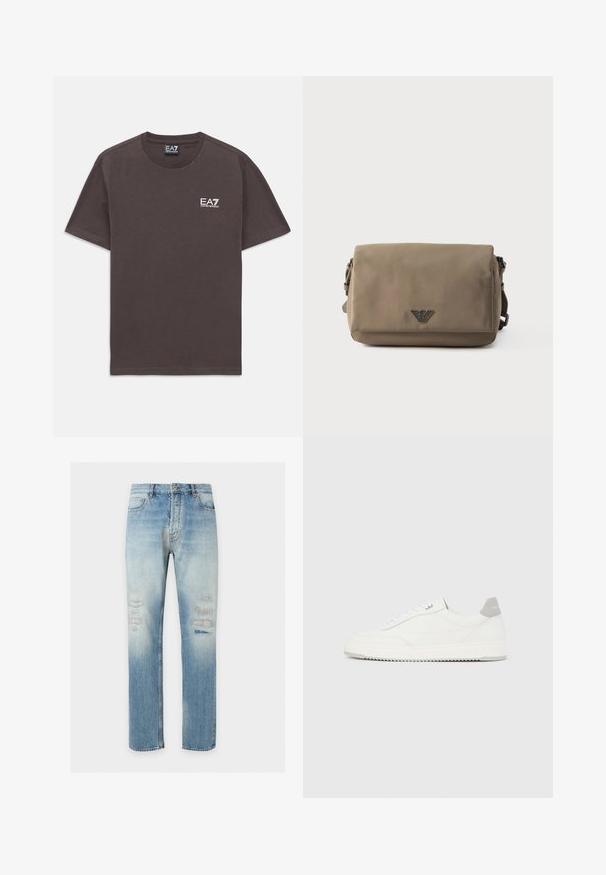 Tmavohnedé tričko s krátkym rukávom a okrúhlym výstrihom, s malým bielym logom EA7 Emporio Armani na ľavej hrudi a na krku.; Svetlomodré džínsové nohavice rovného strihu s jemne vyblednutými a opotrebovanými detailmi na predných stehnách, klasický štýl s piatimi vreckami a zapínaním na gombíky.; Biela nízka teniska so sivým pätovým pásikom, bielymi šnúrkami a členitou podrážkou, zobrazená na jednoduchom svetlom pozadí.; Obdĺžniková taupe crossbody taška s klopou na zatváranie a malým kovovým logom uprostred prednej časti na bielom pozadí.