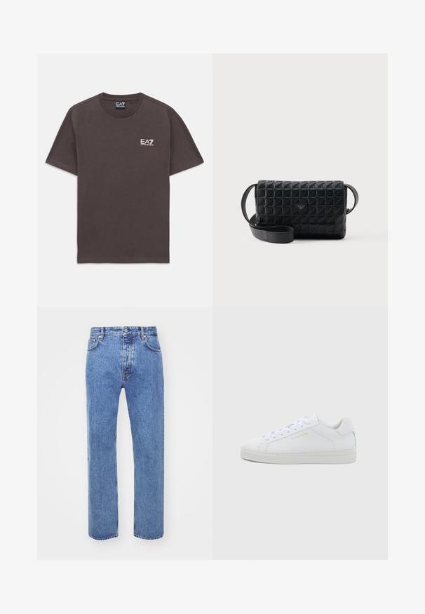 Tmavohnedé tričko s krátkym rukávom a okrúhlym výstrihom, s malým bielym logom EA7 Emporio Armani na ľavej hrudi a na krku.; Won Hundred STEVE - Džínsy voľného strihu - cut blue; Biele kožené nízke tenisky s okrúhlou špičkou, plochými tkaničkami, štruktúrovanou podrážkou a jemným zlatým logom na boku. Hladký povrch a minimalistický dizajn.; Čierna textúrovaná kabelka cez rameno s klopou a malým kovovým logom na prednej strane, vystavená na jednoduchom pozadí.