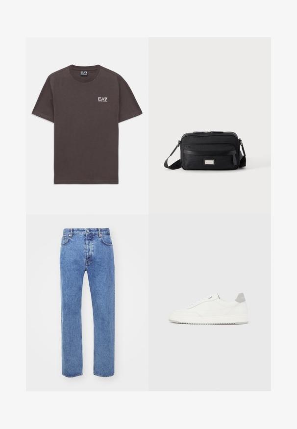 Mørkegrå kortærmet t-shirt med rund hals, med lille hvid EA7 Emporio Armani-logo på venstre bryst og nakke-label.; Won Hundred STEVE - Jeans Relaxed Fit - cut blue; Hvid lavtop-sneaker med gråt hælflig, hvide snørebånd og tekstureret sål, vist på en ensfarvet lys baggrund.; Sort rektangulær crossbody-taske med front lynlåslomme, justerbar rem og sølv rektangulært logo mærke på ensfarvet baggrund.