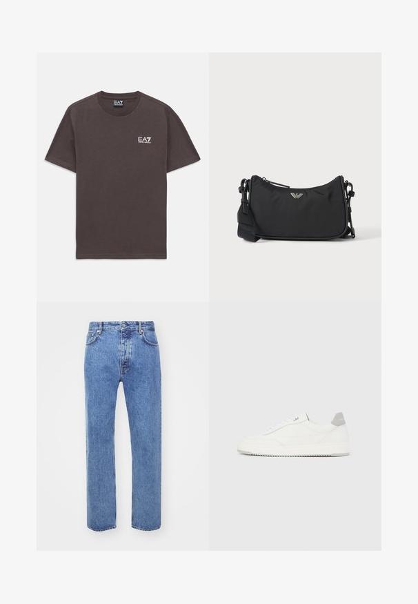 Donkergrijze T-shirt met korte mouwen en ronde hals, met klein wit EA7 Emporio Armani-logo op de linkerborst en een label in de hals.; Won Hundred STEVE - Relaxed fit jeans - cut blue; Witte lage sneaker met grijze hielpatch, witte veters en een gestructureerde zool, gepresenteerd op een effen lichte achtergrond.; Zwarte rechthoekige crossbodytas met zilveren merklogo-embleem en verstelbare band op een lichte achtergrond.