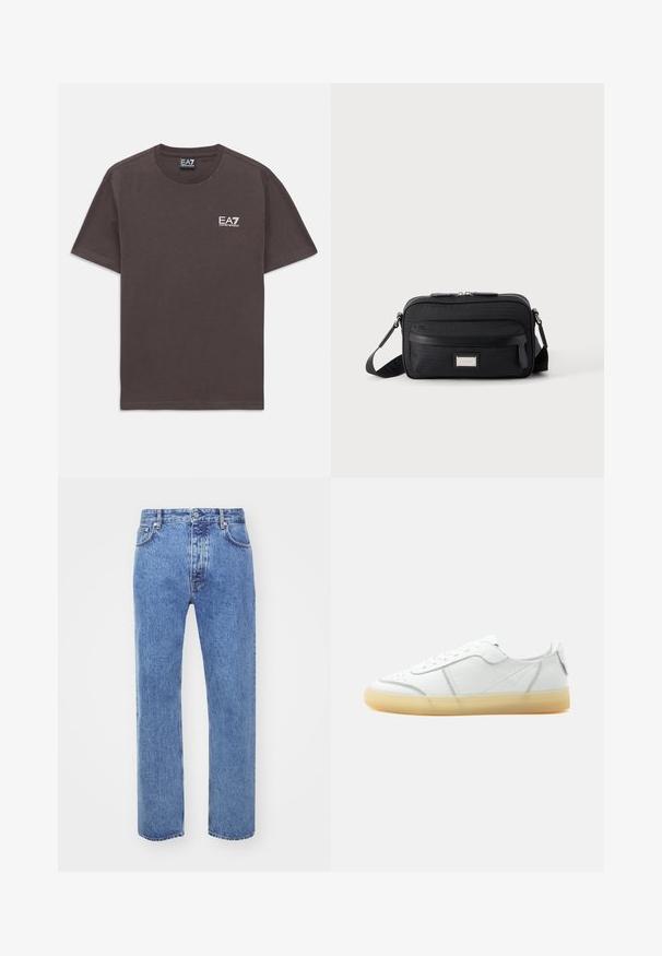 Camiseta de tirantes corta de color gris oscuro con pequeño logo en blanco de EA7 Emporio Armani en el lado izquierdo del pecho y etiqueta en el cuello.; Won Hundred STEVE - Vaqueros boyfriend - cut blue; Zapatilla blanca de piel de corte bajo con suela translúcida beige, cierre con cordones en la parte frontal y detalles de costura mínimos, mostrada de lado sobre un fondo liso.; Bolso bandolera rectangular negro con bolsillo frontal con cremallera, correa ajustable y placa de logo rectangular plateada sobre fondo liso.