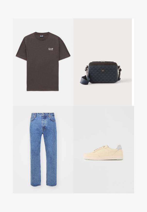 Tumehall lühikeste varrukate ja ümmarguse kaelusega T-särk, mille vasakul rinnal on väike valge EA7 Emporio Armani logo ja kaelusetikett.; Won Hundred STEVE - Avar lõikega teksad - cut blue; Madala ülaosaga beež vabaajajalats, ees paeltest kinnitatav, heleroosa tallaga ja halli kandetudetailiga, millel on silt „Filling Pieces“, esitatud külgvaates tavalise tausta ees.; Ristkülikukujuline tumesinine risti kehale kantav kott reguleeritava rihma, luku ja peene logomustriga esipaneelil.