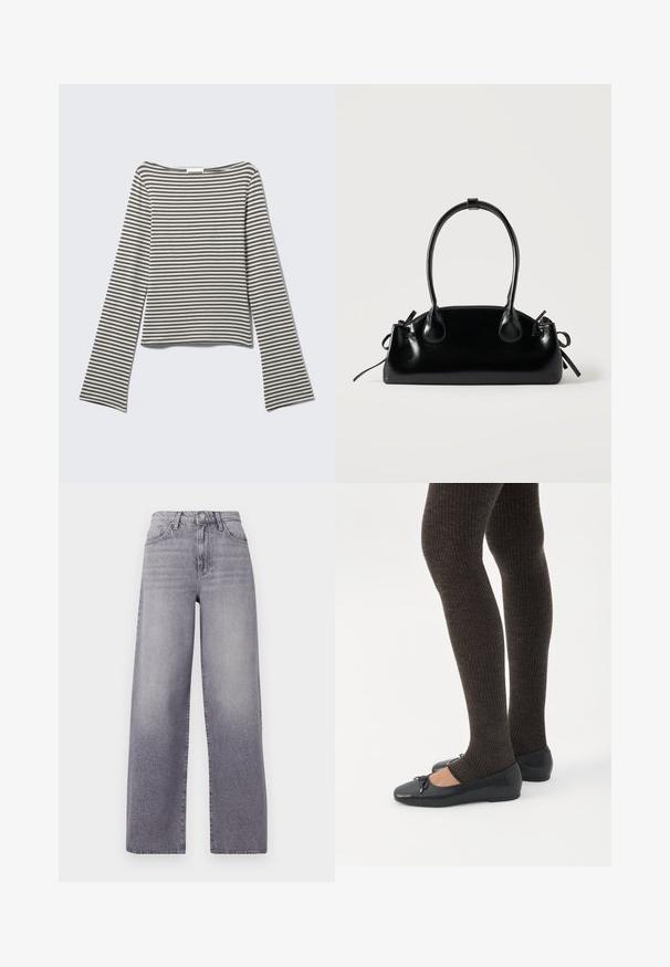 Haut court à manches longues aux rayures horizontales gris et blanc atténuées, fabriqué en tissu doux avec un décolleté large style bateau et des manches évasées.; Jeans taille haute à jambes larges en denim gris clair. Présentent un design classique à cinq poches, un léger délavage et une fermeture à bouton en métal.; Jambes portant des leggings côtelés foncés associés à des ballerines noires avec de petits détails en nœud sur fond blanc.; Petit sac à main noir brillant avec deux longues anses et des détails à cordon sur les côtés sur un fond clair uni.
