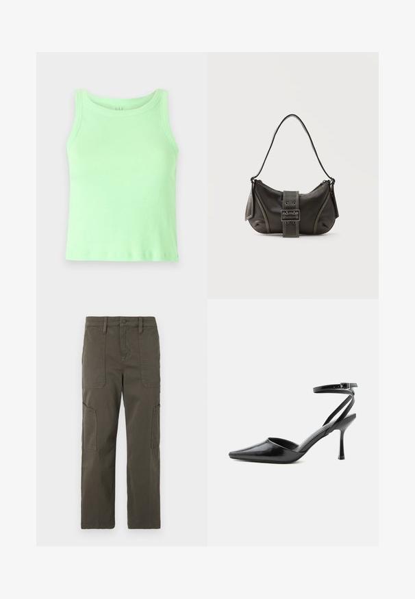 Débardeur côtelé vert clair avec un col rond et un design sans manches. Le tissu semble doux avec un léger élasticité et une texture lisse.; Good American CROPPED PANTS - Pantalon cargo - fatigue; Escarpin noir à bout pointu avec fines brides de cheville et fermeture à boucle argentée sur fond clair uni.; Sac à épaule en cuir noir avec une sangle à boucle, des bords arrondis et des coutures blanches contrastées sur un fond uni.