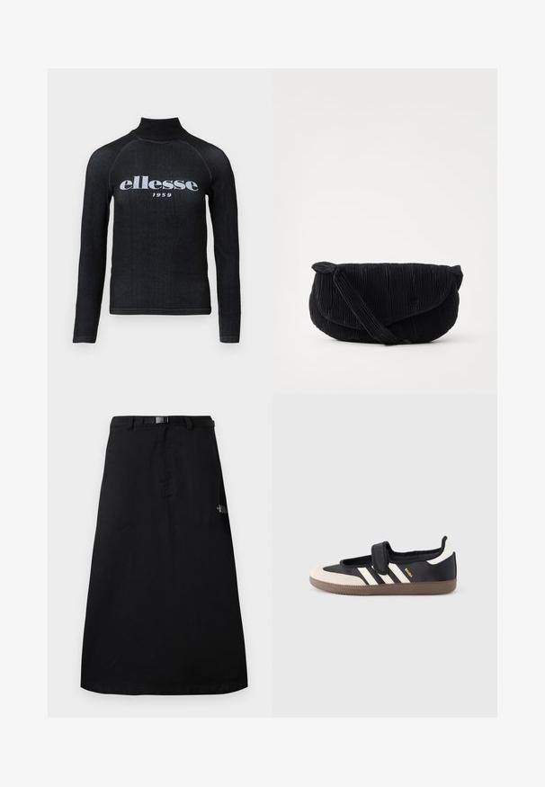 Sorte langærmet top med høj krave, udstyret med et hvidt trykt "ellesse 1959" logo over brystet; glat, strækbart stof.; Sort midi-nederdel med justerbart taljebælte og The North Face-logo på højre side.; Sort og beige sko med velcrolukning, tre hvide striber på siden og en tekstureret brun gummisål. Mærkelogo er synligt.; Sort plisseret tote bag med en rund form, lavet af stofmateriale, og med en knyttet detalje på stroppen. Har en blød tekstur og minimalistisk design.