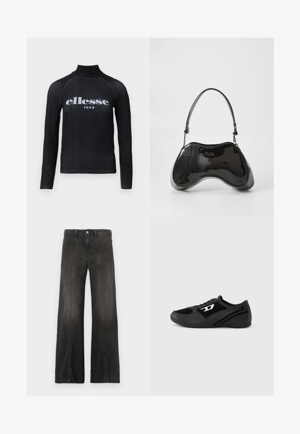Sorte langærmet top med høj krave, udstyret med et hvidt trykt "ellesse 1959" logo over brystet; glat, strækbart stof.; Sort denim i brede ben med en falmet finish, med to forlommer og syede detaljer langs sømmene. Høj talje.; Sorte atletik sko med ruskind og syntetisk overdel, med et struktureret design, rundet tå og flad sål. Sølvfarvet logo på siden.; Sort patentlæder håndtaske med en unik buet form, kort justerbar hank og en lynlåslukning i toppen. Glat tekstur med diskret branding.