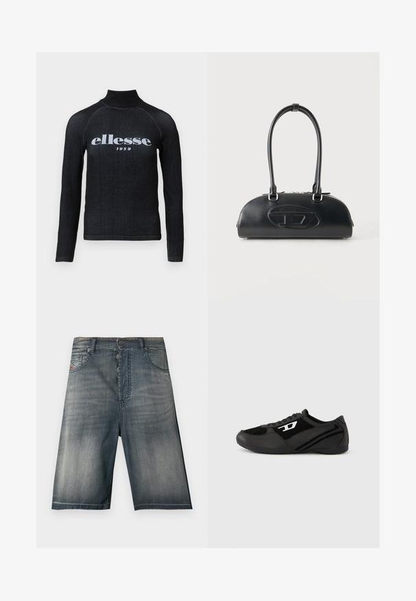 Sorte langærmet top med høj krave, udstyret med et hvidt trykt "ellesse 1959" logo over brystet; glat, strækbart stof.; Denimshorts i en udvasket blå nuance med fem-lomme design, knaplukning og subtile syningsdetaljer.; Sorte atletik sko med ruskind og syntetisk overdel, med et struktureret design, rundet tå og flad sål. Sølvfarvet logo på siden.; Sort læderhåndtaske med lange dobbelte håndtag og præget ovalt logo foran, vist mod en ensartet lys baggrund.