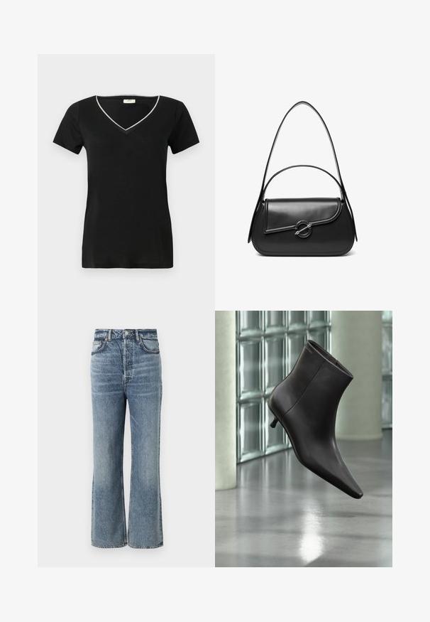 T-shirt noir avec un col en V, des manches courtes, un bord contraste argenté le long de l'encolure et une texture douce et lisse.; Jeans taille haute bleu clair avec une coupe évasée, finis avec un léger délavage, design à cinq poches et matériel en métal pour le bouton.; Bottine en cuir noir avec bout pointu et petit talon, présentée devant un mur en blocs de verre et un sol poli.; Sac à bandoulière en cuir noir avec un rabat incurvé fermé par un fermoir métallique rond et une sangle fine et ajustable.
