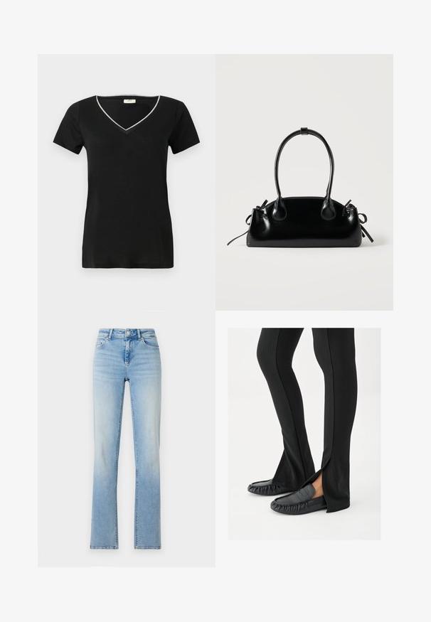 T-shirt noir avec un col en V, des manches courtes, un bord contraste argenté le long de l'encolure et une texture douce et lisse.; Jean en denim bleu clair avec une taille haute, une coupe droite et des dégradés subtils. Dispose de cinq poches et de passants de ceinture.; Jambes portant un pantalon noir évasé avec des fentes latérales, associé à des mocassins en cuir noir, sur un fond blanc.; Petit sac à main noir brillant avec deux longues anses et des détails à cordon sur les côtés sur un fond clair uni.