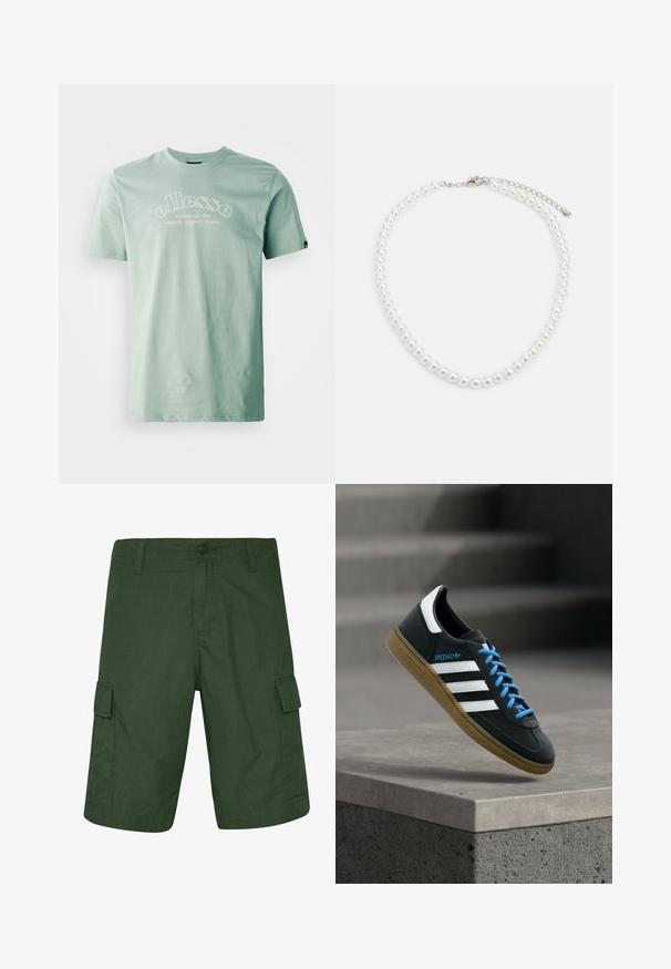 Ellesse QUESCO TEE - Μπλουζάκι με στάμπα - green; Σκούρο πράσινο cargo σορτς από ελαφρύ ύφασμα που διαθέτουν δύο πλαϊνές τσέπες και κουμπί για κλείσιμο. Υφή επιφάνειας με ευθεία γραμμή.; Μαύρο αθλητικό παπούτσι Adidas με λευκές ρίγες, μπλε κορδόνια και καουτσούκ σόλα να αιωρείται πάνω από γκρίζο τσιμεντένιο σκαλοπάτι σε απαλό φως.; Λευκή μαργαρίτα περιδέραιο με ομοιόμορφο στρογγυλό σχήμα, λεία επιφάνεια και μεταλλικό κούμπωμα με αλυσίδα επέκτασης για ρυθμιζόμενο μήκος.