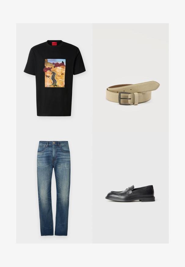 Μαύρο T-shirt με γραφικό δρόμου στην έρημο, κίτρινο σήμα "Dip" και κόκκινα τριαντάφυλλα επάνω στο χρυσό βραχώδες τοπίο.; Σκούρα μπλε τζιν με ευθύ μπατζάκι, με ελαφριά ξεθώριασμα, πέντε τσέπες και κλείσιμο με κουμπί στη μέση.; Μαύρα δερμάτινα μοκασίνια με υφή, με διακοσμητικό λουράκι στο μπροστινό μέρος και στρογγυλεμένη μύτη. Εξωτερική σόλα από καουτσούκ για ανθεκτικότητα.; Ζώνη από μπεζ σουέτ με ορθογώνια πόρπη από σκουρόχρωμο μέταλλο, πολλαπλές τρύπες ρύθμισης και ραμμένο λουράκι, σε λευκό φόντο.
