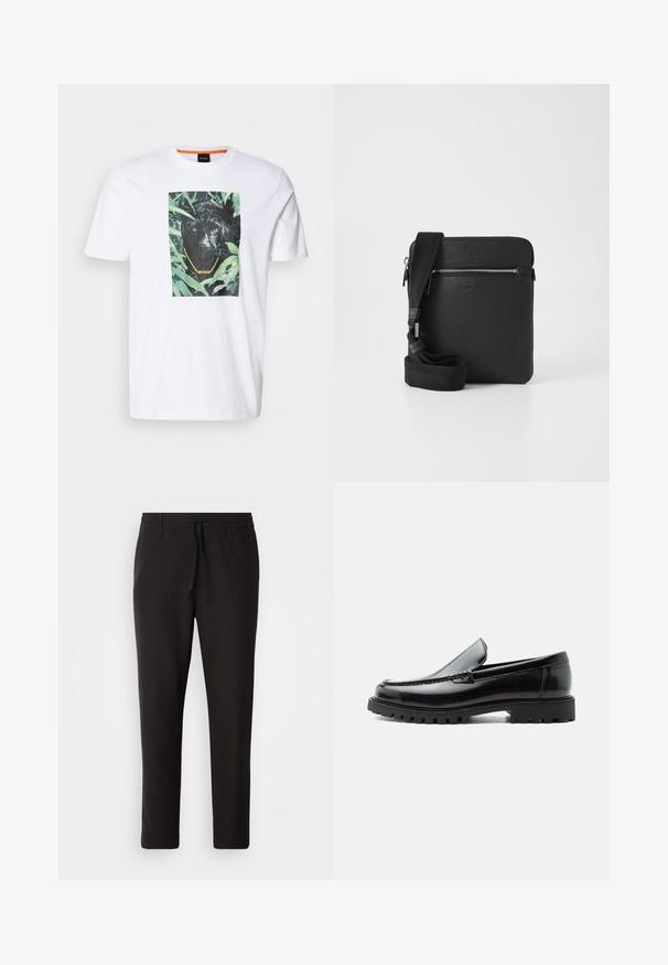 Camiseta de algodón blanca con un destacado gráfico de un pantera negra rodeado de follaje verde, con un detalle de cadena dorada y marca.; Pantalones de chándal negros de tejido suave. Cuentan con una cintura elástica con cordón, piernas ajustadas y sin bolsillos visibles. Diseño sencillo.; Mocasín de cuero negro con suela de goma gruesa, empeine cosido y nombre de la marca en relieve en el talón, mostrado en perfil lateral sobre fondo blanco.; Bolso cruzado de cuero negro con superficie texturizada, bolsillo frontal con cremallera y correa de tela ajustable. Diseño cuadrado simple.