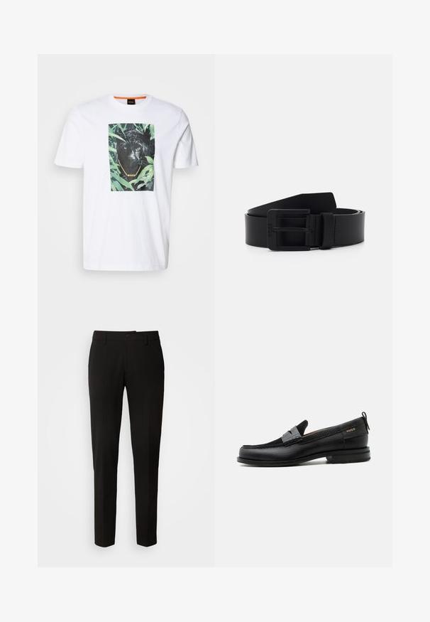 Camiseta de algodón blanca con un destacado gráfico de un pantera negra rodeado de follaje verde, con un detalle de cadena dorada y marca.; Pantalones negros con un diseño de pierna recta, con cierre de botón, trabillas para cinturón y una textura de tela suave. Sin patrones ni acentos visibles.; Mocasín de cuero negro con detalle de tira gris, tacón bajo y suela texturizada, con la marca "HUGO" en oro en el lateral.; Cinturón de cuero negro con un acabado mate, que presenta una hebilla metálica rectangular y una textura suave. Diseño simple sin patrones ni acentos.