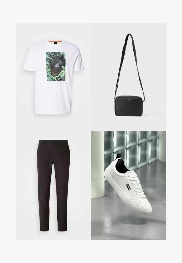 Weißes Baumwoll-T-Shirt mit einem markanten schwarzen Panther-Graphic, umgeben von grünem Laub, mit einer goldenen Kette und Branding-Details.; Schwarze Hose aus glattem Stoff, mit geradem Schnitt, standardmäßigem Bund mit Knopfverschluss und ohne sichtbare Taschen oder Muster.; Weißer Ledersneaker mit schwarzer Innenfütterung, flacher Schnürung und sichtbarem Logodetail. Verfügt über eine strukturierte Gummisohle für besseren Halt.; Schwarze rechteckige Umhängetasche mit verstellbarem Riemen und BOSS-Logo auf der Vorderseite, vor einem einfarbigen hellen Hintergrund.