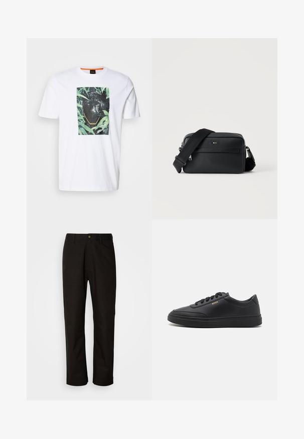 Weißes Baumwoll-T-Shirt mit einem markanten schwarzen Panther-Graphic, umgeben von grünem Laub, mit einer goldenen Kette und Branding-Details.; Schwarze Baumwollhosen mit geradem Schnitt, Gürtelschlaufen, einem Reißverschluss vorne und einem einzelnen Knopfverschluss. Glatte Textur ohne sichtbare Muster.; Schwarze Leder-Sneaker mit glatter Textur, runder Zehenpartie, flacher Gummisohle und einfarbigen Schnürsenkeln. Mit goldfarbenem "BOSS" Logo an der Seite.; Schwarze, strukturierte Leder-Crossbody-Tasche mit vorderer Reißverschlusstasche und verstellbarem breitem Stoff-Schulterriemen auf weißem Hintergrund.