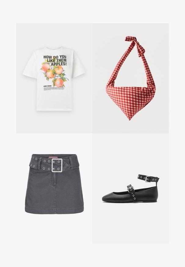 Hvid bomuld t-shirt med en farverig æbleillustration og fed tekst, der står: "HVORDAN SYNES DU OM DE APPLE!" og "KERNEKNUSE."; Grå bomulds mini skirt med et bredt bælte, der har sølv-lufthuller og en firkantet metalspænde, designet med en ren, lige silhuet.; Steve Madden MACBETH - Ballerinasko m/ rem - black; Blød stofskuldertaske med rødt og hvidt ternet mønster, håndtag med bundet knude og trekantet form mod en ensfarvet baggrund.