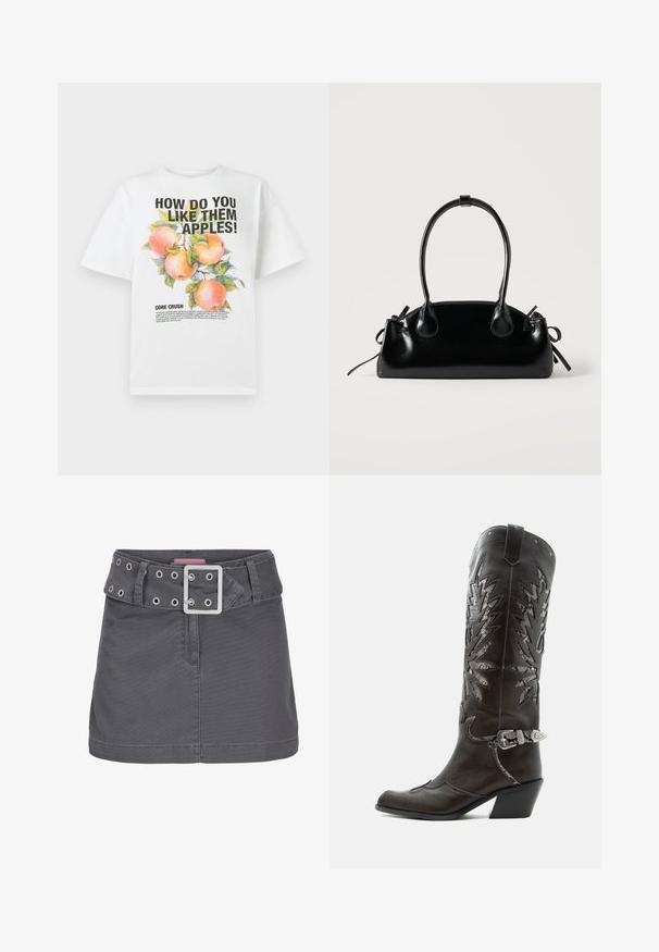 Witte katoenen t-shirt met een kleurrijke appelillustratie en vetgedrukte tekst die luidt: "HOE VIND JE DEZE APPELS!" en "KERNVERLIEFD."; Grijze katoenen mini-jurk met een brede riem met zilveren oogjes en een vierkante metalen gesp, ontworpen met een schone, rechte silhouet.; Zwarte leren cowboylaars met decoratieve uitsnijdingen, zilveren gesp en schuine hak, weergegeven op een witte achtergrond.; Kleine zwarte glanzende handtas met twee lange hengsels en zijkant trekkoord details op een effen lichte achtergrond.