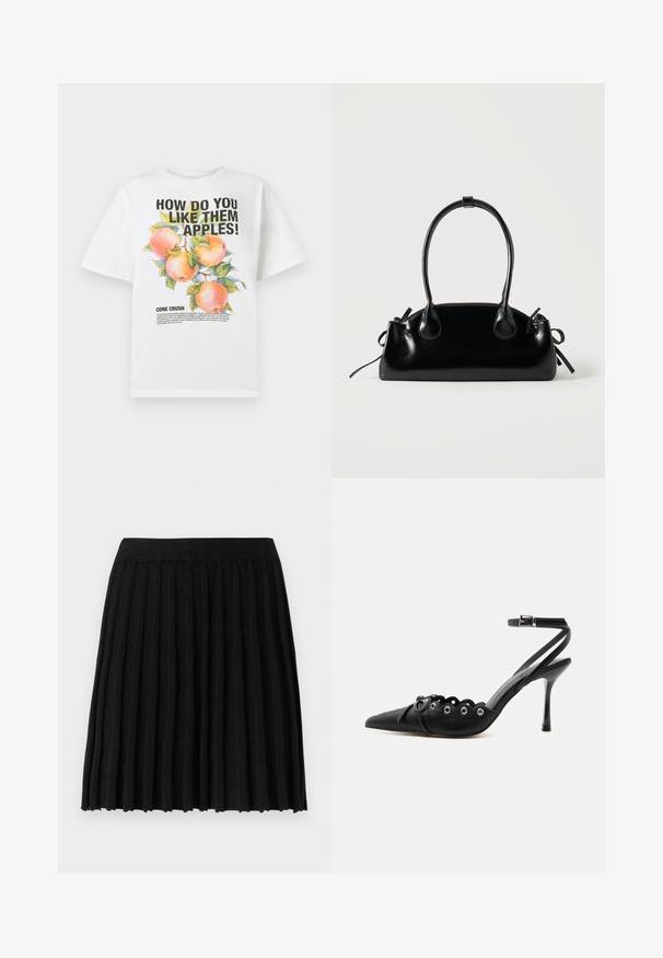 Witte katoenen t-shirt met een kleurrijke appelillustratie en vetgedrukte tekst die luidt: "HOE VIND JE DEZE APPELS!" en "KERNVERLIEFD."; Vero Moda Knitted VMMARINA Short - Minirok - black; Zwarte pumps met hoge hak en spitse neus, gegolfde randen, metalen oogjes, vetergespsluiting aan de voorzijde en enkelriem met gespsluiting.; Kleine zwarte glanzende handtas met twee lange hengsels en zijkant trekkoord details op een effen lichte achtergrond.