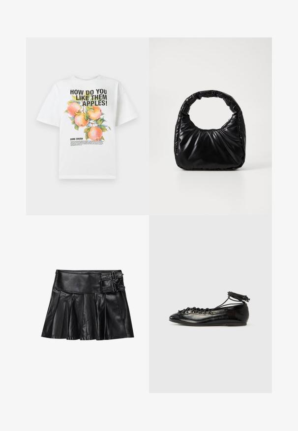Hvid bomuld t-shirt med en farverig æbleillustration og fed tekst, der står: "HVORDAN SYNES DU OM DE APPLE!" og "KERNEKNUSE."; Sort læderskirt med pliser, bred talje og to spænde-accenter på siden. Glat tekstur med en blank finish.; Sorte balletflade sko i laklæder med rundet tå, snørelukning og flad sål. Glat tekstur med få detaljer.; Sort polstret håndtaske med et rundt håndtag, der har en glat, skinnende overflade og en blød, kviltet tekstur. Ingen synlige hardware eller accenter.