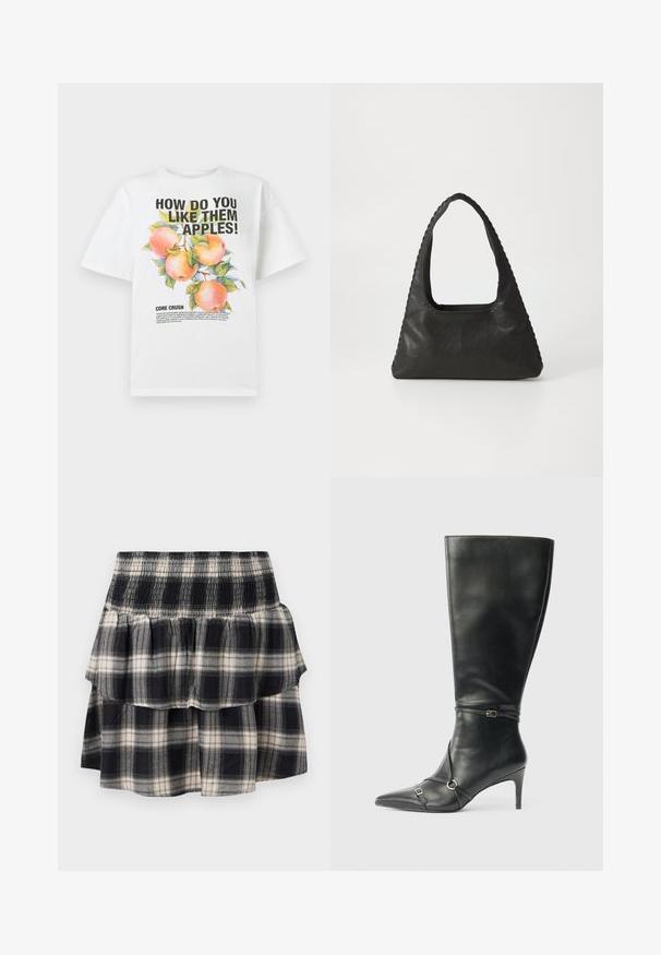 Witte katoenen t-shirt met een kleurrijke appelillustratie en vetgedrukte tekst die luidt: "HOE VIND JE DEZE APPELS!" en "KERNVERLIEFD."; Zwart-wit geruite tiered rok met smock tailleband. Heeft gerimpelde lagen en een zachte katoentextuur.; Zwarte leren kniehoge laarzen met een slanke hak, puntige neus en banddetail bij de enkel. Gladde textuur en aansluitend ontwerp.; Zwart leren handtas met een triangulaire vorm, een grote uitsparingshandgreep en gedetailleerde stiksels langs de randen. Glad textuur.