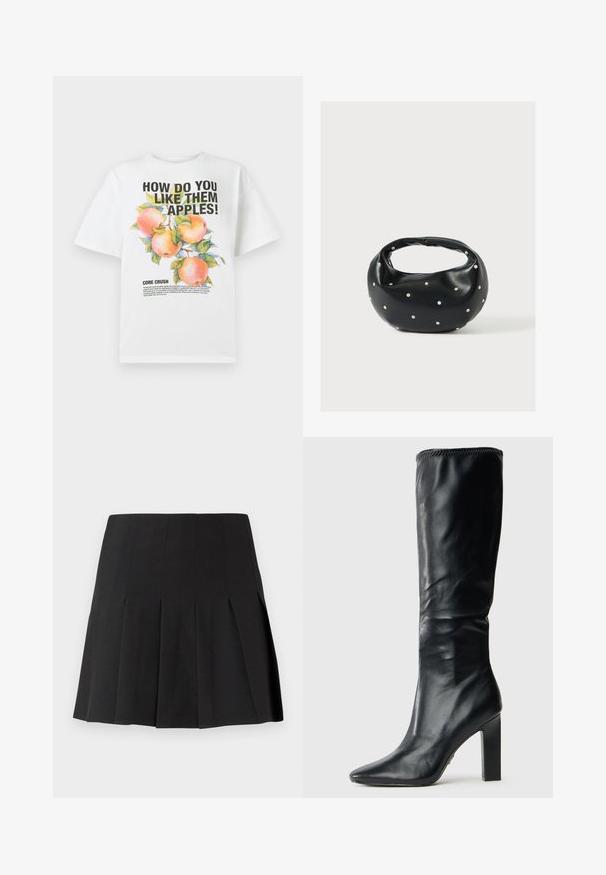 Witte katoenen t-shirt met een kleurrijke appelillustratie en vetgedrukte tekst die luidt: "HOE VIND JE DEZE APPELS!" en "KERNVERLIEFD."; Zwarte geplooide minirok gemaakt van een lichtgewicht stof. Voorzien van een aansluitende tailleband en scherpe messplooien voor een gestructureerde uitstraling.; Zwarte leren kniehoge laarzen met een strak ontwerp, puntige neus en vierkante hoge hak, met een gladde textuur en gestikte bovenrand.; Zwarte leren handtas met een afgeronde vorm, versierd met zilveren studs, en een korte handgreep. Gladde textuur en ritsluiting.