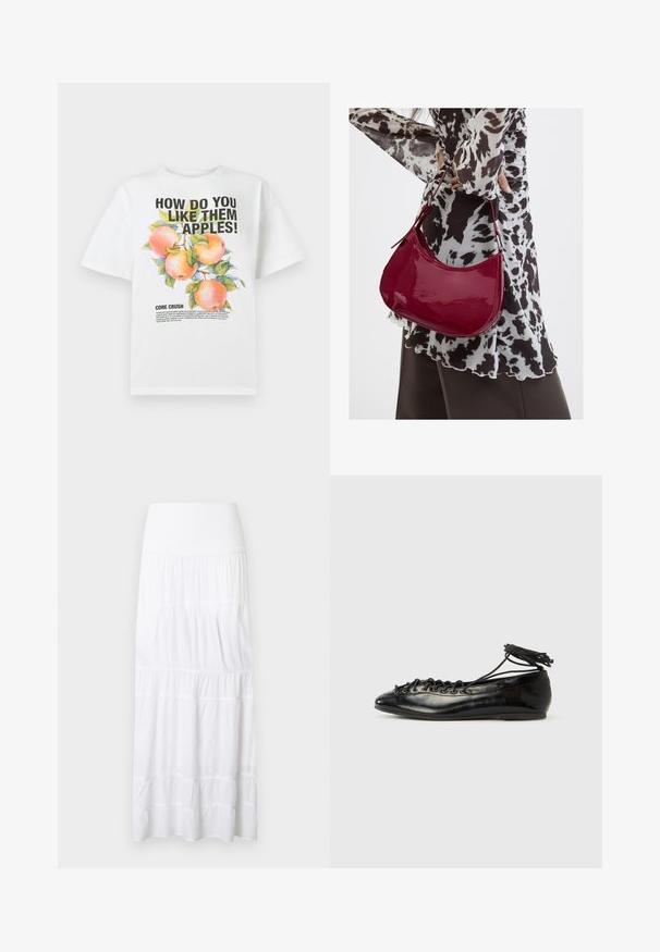 Hvid bomuld t-shirt med en farverig æbleillustration og fed tekst, der står: "HVORDAN SYNES DU OM DE APPLE!" og "KERNEKNUSE."; Hvid, lagdelt maxinederdel lavet af letvægtsstof. Har elastisk taljebånd og subtil tekstur med vandrette sømme.; Sorte balletflade sko i laklæder med rundet tå, snørelukning og flad sål. Glat tekstur med få detaljer.; Kvinde iført en sort- og hvidmønstret bluse, der holder en blank rød skuldertaske mod en ensfarvet baggrund.
