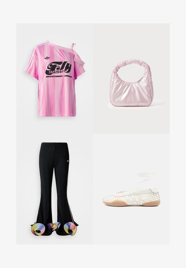 Camiseta de rayas rosas con un hombro descubierto, presenta un texto gráfico negro "Fly TANZBAR Obertattenbach – Birnbach" y tres rayas blancas en las mangas.; Pantalones deportivos negros con un diseño acampanado amplio. Cuenta con bajos coloridos y ondulados, y franjas blancas a los lados. Elaborados en tejido elástico.; Zapato blanco tejido con parte superior texturizada, presenta una puntera redondeada, detalles en cuero blanco y una suela de goma flexible. Cordones delgados adjuntos.; Bolso de mano acolchado en color rosa con un diseño redondeado, fabricado en material brillante. Presenta un asa fruncida y un cierre de cremallera para un acceso seguro.