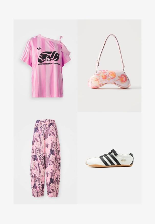 Lyserød stribet t-shirt med den ene skulder eksponeret, prydet med sort grafisk tekst "Fly TANZBAR Obertattenbach – Birnbach" og tre hvide striber på ærmerne.; Lyserøde og lilla mønstrede vide bukser har et blad- og grenmønster, med høj talje og sidelommer for ekstra funktionalitet.; Hvid Adidas Tokyo sneaker med sorte striber, sorte velcro-stropper og gummisål, vist fra siden på en hvid baggrund.; Lille håndtaske med en buet form med et pink og orange blomsterprint og en enkelt skulderrem mod en ensfarvet baggrund.