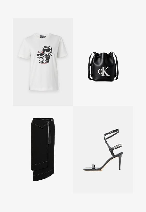 Weißes Baumwoll-T-Shirt mit einem Grafikdesign eines Charakters und einer Katze, die beide Sonnenbrillen tragen. Das Design enthält schwarze Umrisse und rote Akzente.; Schwarze Midirock mit weitem Kragen, seitlichem Reißverschluss, weißen Stichakzenten und asymmetrischem Saumdesign. Glatte Textur.; Schwarze Sandalette mit hohem Absatz, schlankem Knöchelriemen, Mittelriemen verziert mit silbernen Kettengliedern und offenem Zehendesign.; Schwarze Leder-Bucket-Bag mit Kordelzugverschluss oben und weißem "cK" Logo auf der Vorderseite, mit verstellbarem Schulterriemen.