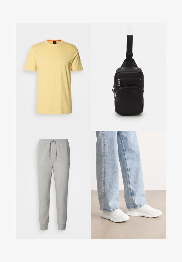 T-shirt jaune à col rond fabriqué en tissu doux, avec des manches courtes. Logo « BOSS » discret brodé dans une couleur assortie sur la poitrine.; Pantalon de survêtement gris en tissu doux. Caractérisé par une taille élastique avec cordon de serrage, des poignets côtelés et une coupe droite. Sans motifs ni logos visibles.; Baskets blanches de sport au design lisse et moulé avec des semelles texturées, assorties à un jean en denim bleu clair, ample.; Sac à bandoulière noir en matériau texturé, avec plusieurs compartiments zippés et une sangle plate. Présente un marquage minimal à l'avant.