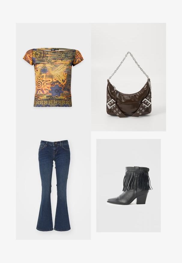 Short-sleeve fitted top with orange, green, and purple abstract patterns, birds, flowers, and the text "Love Birds" on the front.; Flared blue denim jeans made from cotton with a mid-rise waist, five-pocket design, and contrast stitching along the seams.; Black leather ankle boot featuring a pointed toe, textured finish, and decorative fringes along the upper. Stacked block heel design.; Dark brown patent leather handbag with silver chain strap, decorative double buckled belts, and zipper closure.