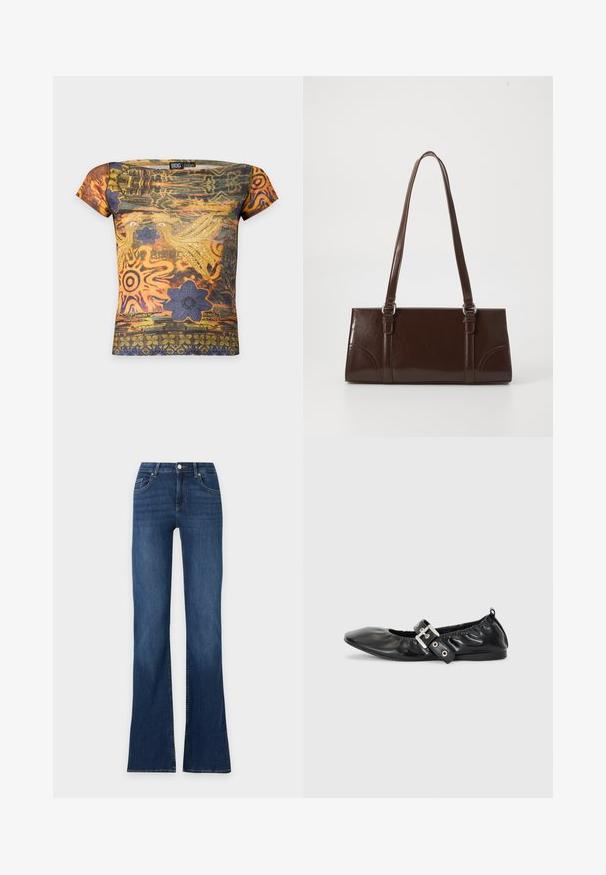 Short-sleeve fitted top with orange, green, and purple abstract patterns, birds, flowers, and the text "Love Birds" on the front.; Blue denim jeans with a high waist, front button, two front pockets, and slightly flared legs on a white background.; Black leather flat shoe with a pointed toe, gathered detailing around the opening, and a silver buckle accent on the adjustable strap.; Brown patent leather handbag with a rectangular shape, two long handles, and subtle curved accents on the front.