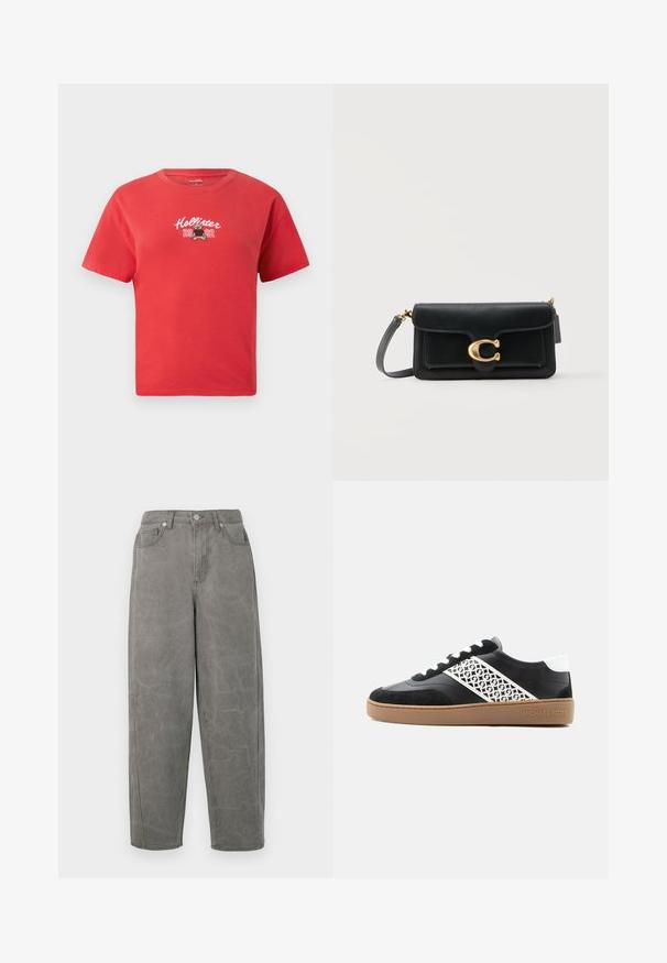 Camiseta de algodón roja con cuello redondo, que presenta texto bordado en blanco de "Hollister" y un gráfico de un oso, junto con "2002" debajo.; Pantalones de denim gris con un ajuste relajado, cintura alta, diseño de cinco bolsillos y un ligero desgastado. Presentan una cremallera y un cierre de botón metálico.; Zapatilla en blanco y negro con suela color canela, cordones blancos y panel lateral con patrón, nombre de la marca "Michael Kors" grabado en la suela.; Bolso bandolera de cuero negro con solapa frontal, cierre dorado en forma de "C" y correa de hombro ajustable sobre fondo blanco.