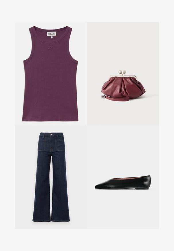 Lilla ribbet tanktop med rund halsudskæring og brede skulderstropper. Har tekstureret stof og præget logo på brystet.; Mørkeblå flagrende jeans lavet af denim med høj talje, der har to baglommer og kontrasterende syninger langs sømmene.; Sort damesko i læder med flad hæl og spids tå, vist fra siden på en ensfarvet lys grå baggrund.; Lille bordeaux rød læder clutch-pung med sølv metal lukning og håndledsrem på hvid baggrund.