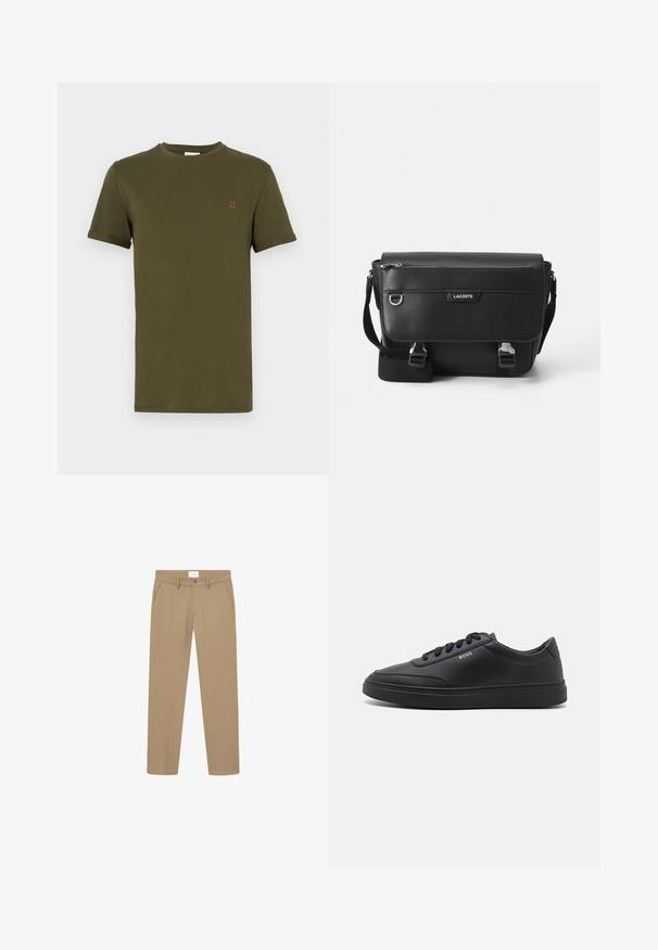 Camiseta de algodón verde oliva de manga corta, con cuello redondo y un pequeño detalle bordado en naranja que dice "II" en el pecho. Textura suave, diseño básico.; Pantalones beige con una textura suave, diseño de pierna recta, bolsillos delanteros y cierre con botón. Etiqueta visible en la cintura.; Zapatillas de cuero negro con una textura suave, punta redondeada, suela plana de goma y cordones a tono. Presentan el logotipo dorado "BOSS" en el lateral.; Bolso mensajero Lacoste negro texturizado con correa ajustable, tapa frontal, bolsillo con cremallera y cierres de hebilla metálica.