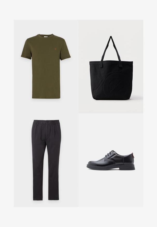 Camiseta de algodón verde oliva de manga corta, con cuello redondo y un pequeño detalle bordado en naranja que dice "II" en el pecho. Textura suave, diseño básico.; Tommy Jeans ISAAC LIGHT - Pantalones chinos - black; Zapatos de piel negra con cordones, textura lisa, puntera redondeada y detalles sutiles de costura. Cuentan con una lengüeta roja en el talón.; Bolsa tote de lona negra con dos correas para el hombro y un diseño circular en relieve sutil en el frente.