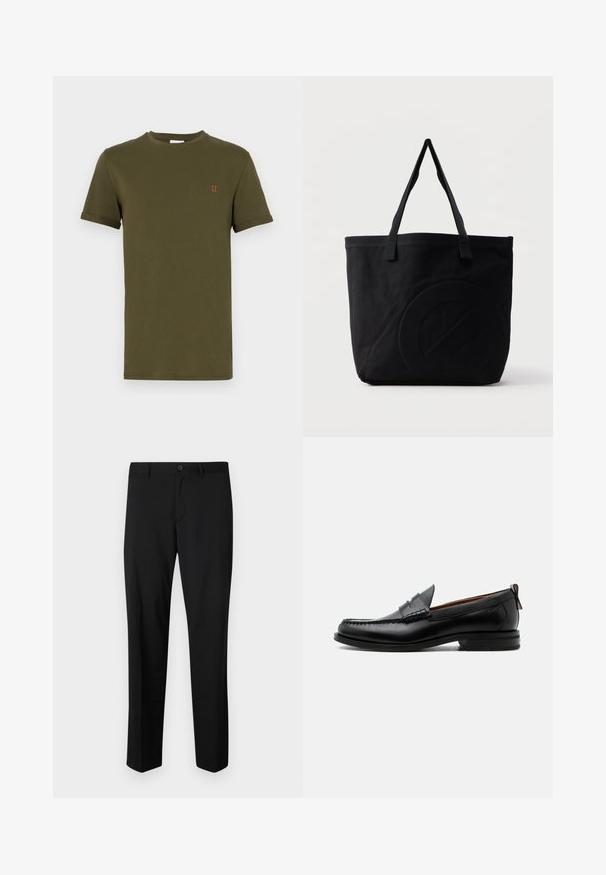 Camiseta de algodón verde oliva de manga corta, con cuello redondo y un pequeño detalle bordado en naranja que dice "II" en el pecho. Textura suave, diseño básico.; Pantalones de traje negros con frente plano, cintura estándar y piernas rectas. Hechos de una tela suave, con un cierre de botón único.; Mocasín de hombre de piel negra con costura moc toe, tira penny, cuello texturizado y tacón bajo apilado sobre fondo blanco.; Bolsa tote de lona negra con dos correas para el hombro y un diseño circular en relieve sutil en el frente.
