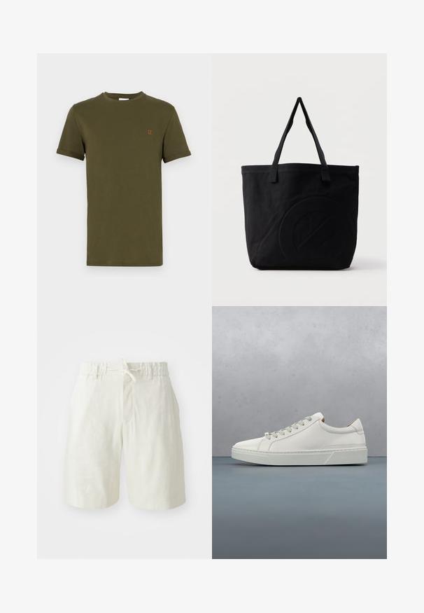Olijfgroene katoenen T-shirt met korte mouwen, ronde hals en een klein oranje geborduurd "II" detail op de borst. Glad materiaal, basisontwerp.; Lichtbeige shorts gemaakt van een zachte, gestructureerde stof. Voorzien van een elastische tailleband met een koord en een enkele voorkant zak.; Witte leren sneaker met een ronde neus, minimalistisch ontwerp, grijze veters en een gestructureerde grijze rubberen zool. Fijne stikdetails zichtbaar.; Zwarte canvas tas met twee schouderbanden en een subtiel, ingebosseleerd cirkelvormig ontwerp aan de voorkant.