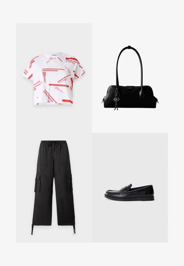 Ingekorte witte t-shirt met een rood en roze grafisch patroon en de tekst "KARL LAGERFELD JEANS" in verschillende richtingen en maten.; Tommy Jeans ELASTICATED PANT - Cargobroek - black; Zwarte leren instappers met een gestikte accentontwerp, ronde neus, platte rubberen zool en een gladde afwerking. Klassieke, veelzijdige silhouet.; Zwarte leren Calvin Klein handtas met lange hengsels, een logo-label aan de voorkant en een zilverkleurige geometrische hanger die aan één hengsel hangt.