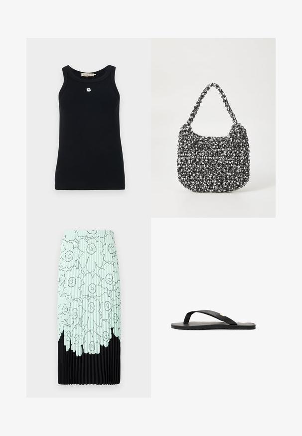 Sort tanktop lavet af ribbet stof, med rund halsudskæring og et lille hvidt blomsteremblem på forsiden. Ærmeløs design.; Plisseret midiskørt med mintgrøn blomsterprint og sort kant. Har lodrette striber og en glat tekstur.; Sort flip-flop sandal med flad sål, tekstureret sort indersål, glatte stropper og en lille gul accent nær tåposten.; Vævet håndtaske i sort og hvid med en rund form, tekstureret overflade og et fletet håndtag. Velegnet til afslappet brug.