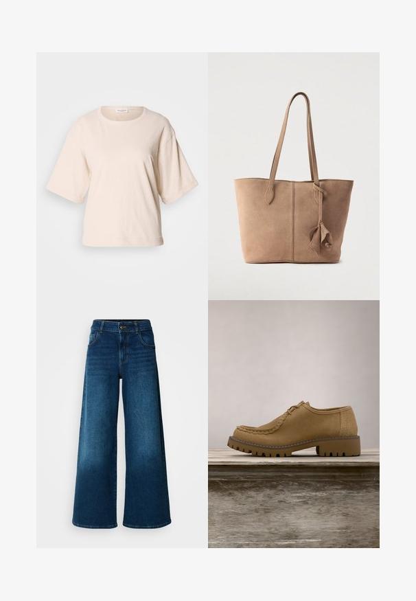 Camiseta de manga corta color beige claro, hecha de algodón suave. Presenta un escote redondo y un corte holgado con puños enrollados. Diseño minimalista.; Jeans de pierna ancha hechos de denim azul oscuro. Presentan una cintura alta, cierre de botón y un diseño clásico de cinco bolsillos con un ligero desgaste.; Zapato beige de gamuza con cordones y suela gruesa y resistente, flotando sobre un banco de madera, con un fondo desenfocado de césped verde.; Bolso tote de ante en beige apagado con dos correas largas, un diseño sencillo y un detalle de adorno atado en un lado. Textura suave en toda la superficie.